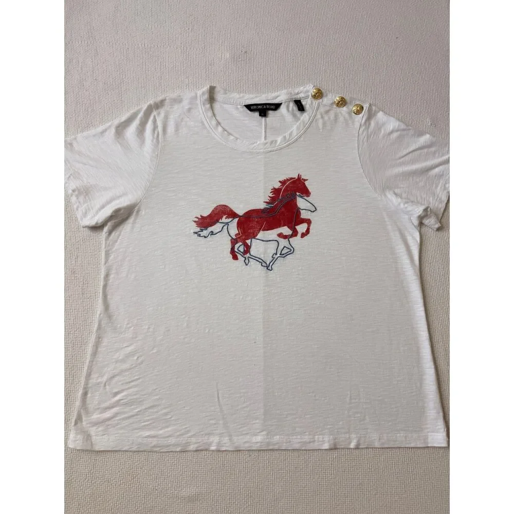 Veronica Beard Horse Graphic Gold Button Tee White XL Cotton Shirt - Picture 5 of 7